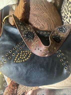 Betsey Johnson Black Leather Hobo Bag with Brown Studded Strap